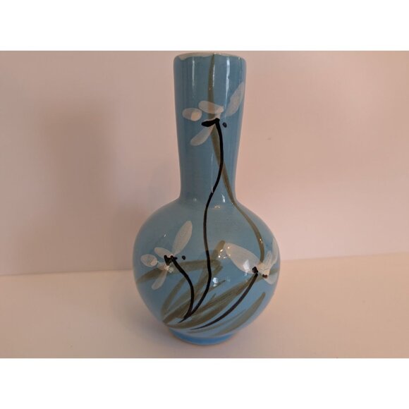 Hand-Painted Blue Ceramic Vase With Floral Design - Picture 1 of 7